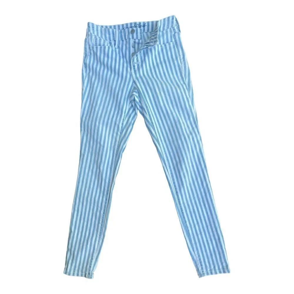 Universal Thread Size 00 Button Fly Stretch Blue Striped High Rise Skinny Jeans